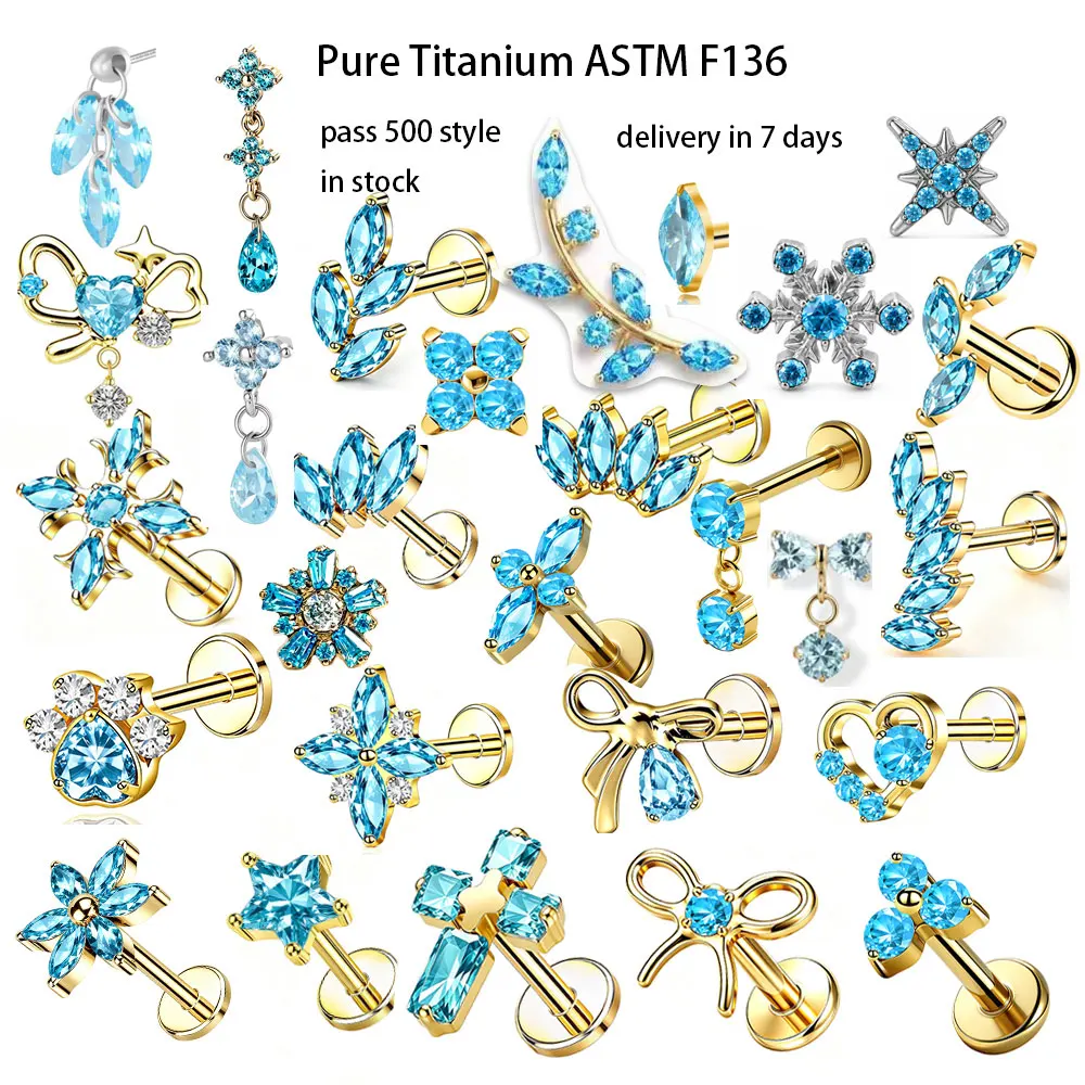 ASTM F136 Pure Titanium 1pc Ear Studs Blue Zircon Helix Tragus Cartilage Earring Internal Thread Labret Lip Piercing Jewelry