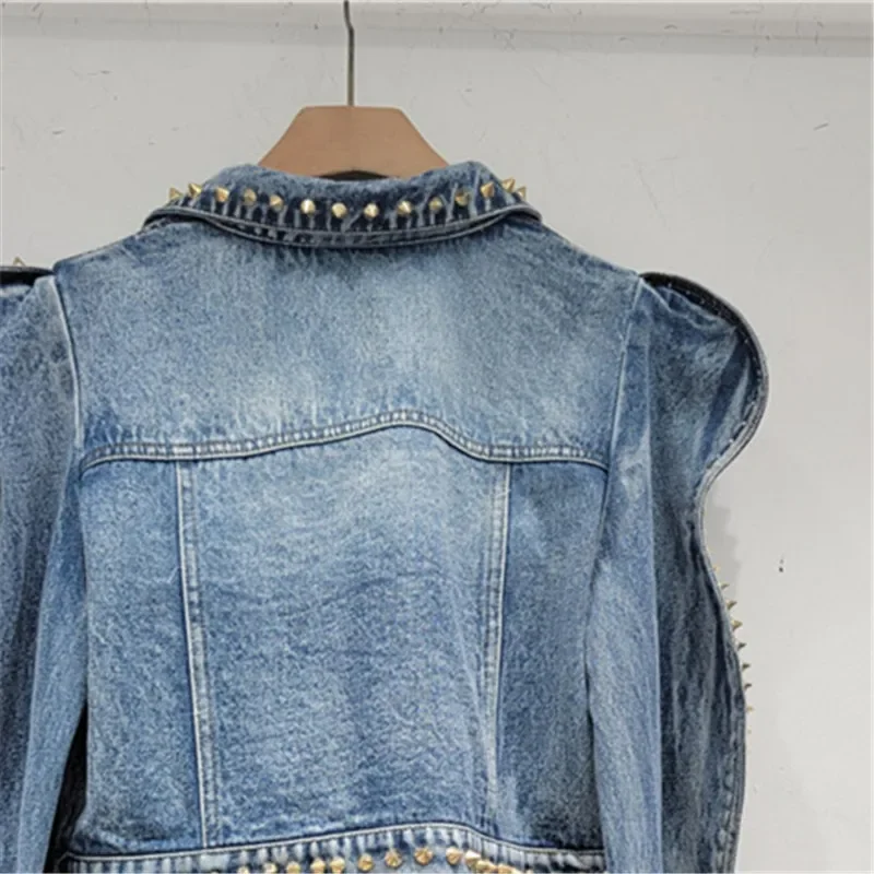 

Multicolour Diamonds Rivet Puff Sleeve Denim Jacket Women Cowboy Outerwear Streetwear Short Jeans Jacket Female Chaqueta Mujer