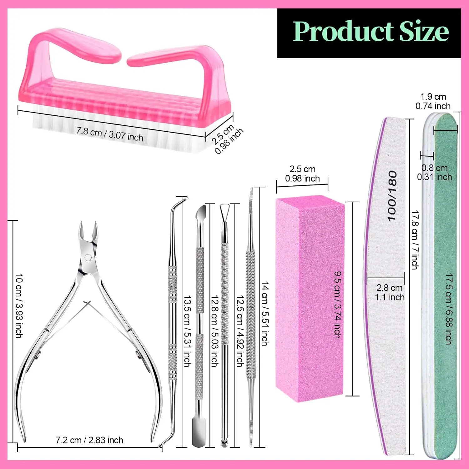 12Pcs Nail Care Tool Kit 100/180 Grit Nail Files Buffer Block Cuticle Nippers/Trimmer/Pusher Dead Skin Scissors Nail Salon Tools