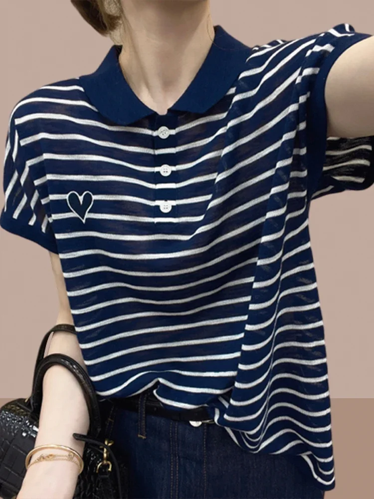 2024 Summer New Polo shirt women Lapel Knit Ice Silk Short sleeve T-shirt Belly Covering Top T-shirt E4932