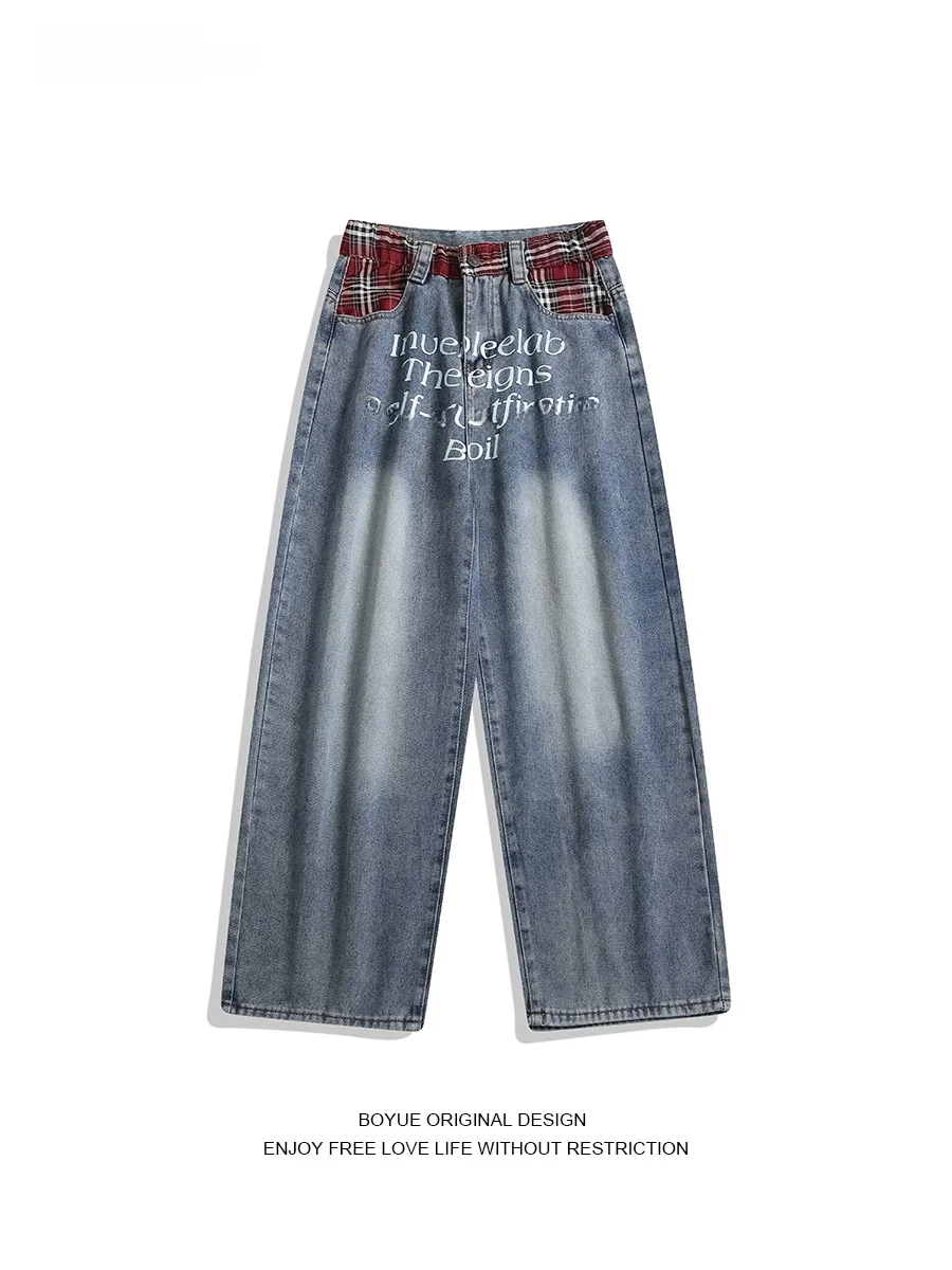 

Boyue American Waist Head Patchwork Letter Print Wide Leg Jeans fiti Street Bf Floor-Length Pants Men Casual Loose Straight