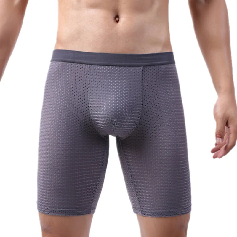 Men Underwear Boxers Shorts Homme Breathable Ice Silk Mesh Panites Man Solid U Convex Pouch Long Leg Underpant Cueca Calzoncillo