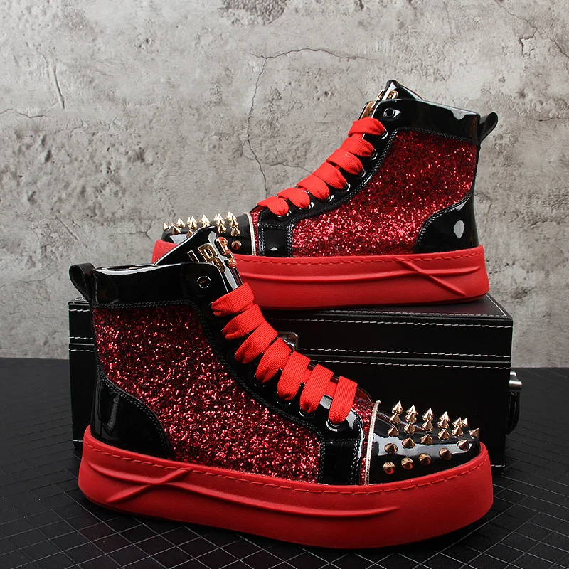

Модные ботинки с шипами ивы, мужская обувь с блестками для ночного клуба, туфли на платформе, красные туфли с высоким берцем в стиле хип-хоп