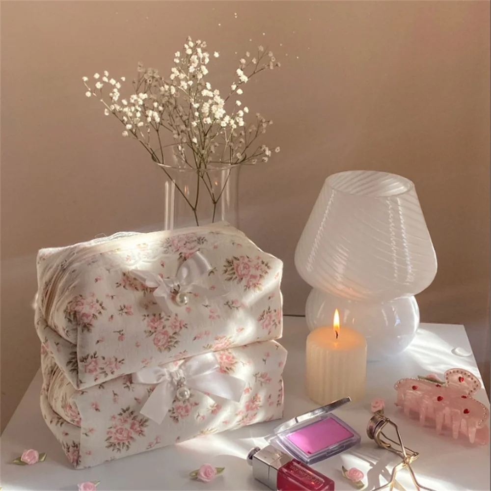 Women Cosmetic Bag Creative Storage Bag With Zipper Lace Bow Makeup Organizer Cute Ruffles Pencil Case Toiletries Storage