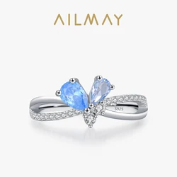 Ailmay 925 Sterling Silver Blue Water Droplet Zircon Bow Ring For Women Wedding Statement Fine Jewelry