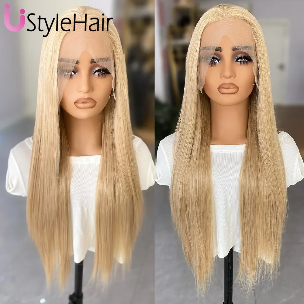 UStyleHair Mix Blonde Lace Wig Long Silky Straight Wig Synthetic Lace Front Wig Natural Hairline Daily Use Heat Resistant Fiber