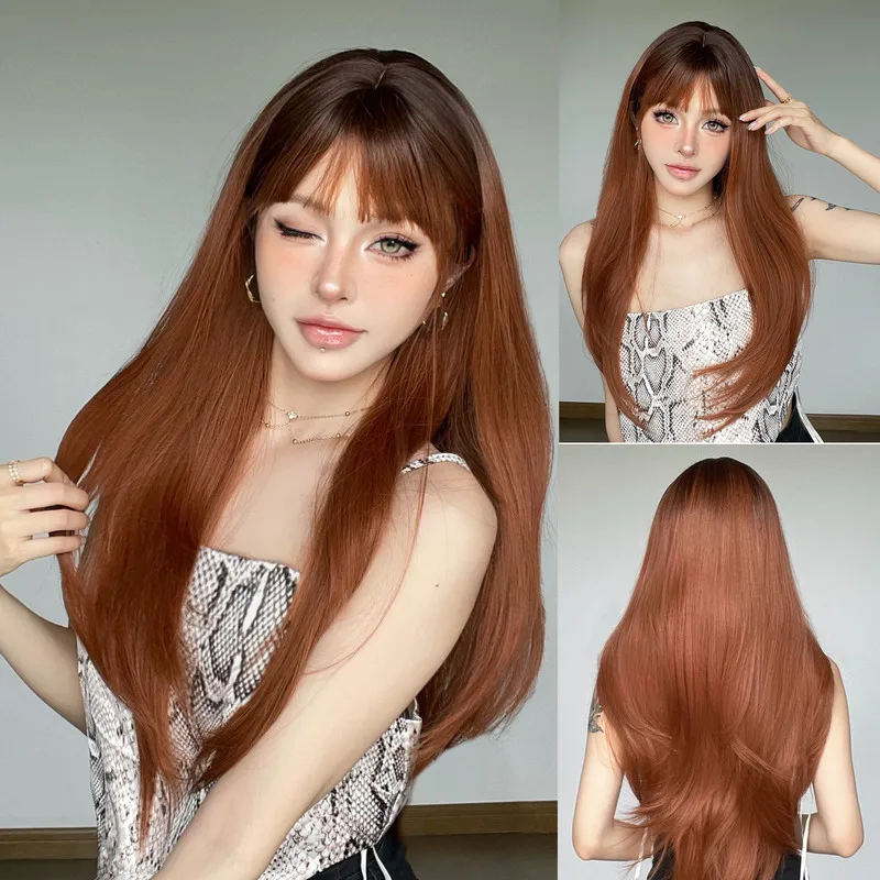 Women's full-head bangs, slightly and inwardly curled, with dyed top, popular online daily wig