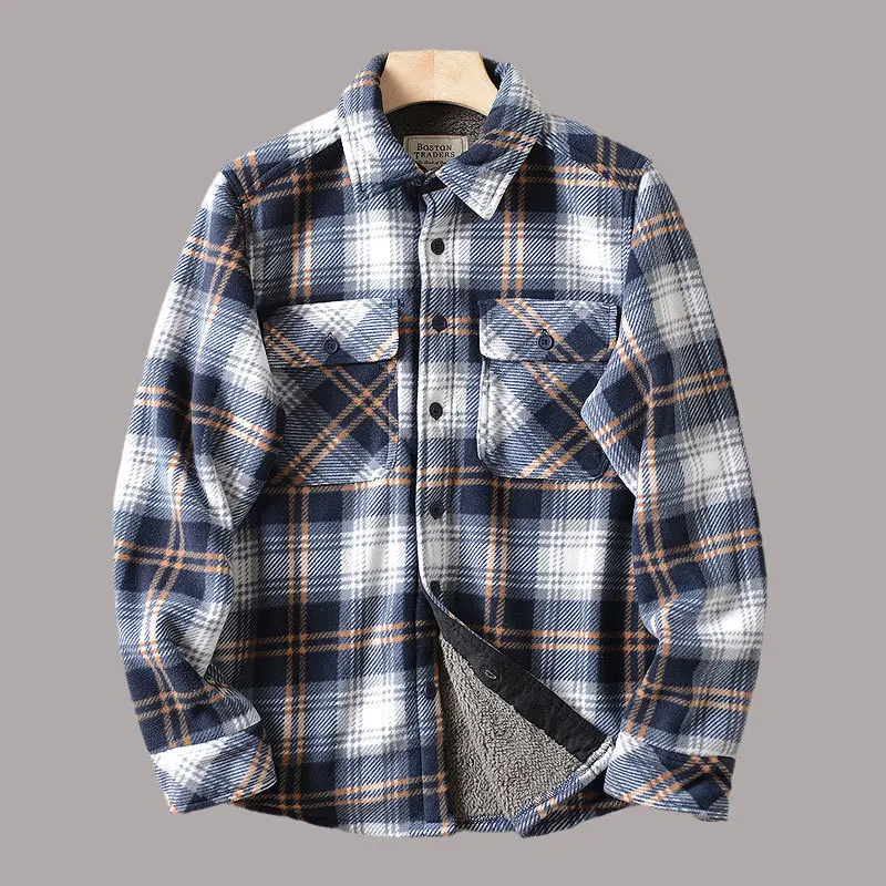 Chaqueta de franela forrada de lana Sherpa para hombre, ropa de trabajo cálida, camisa a cuadros con botones, ropa de invierno, estilo americano