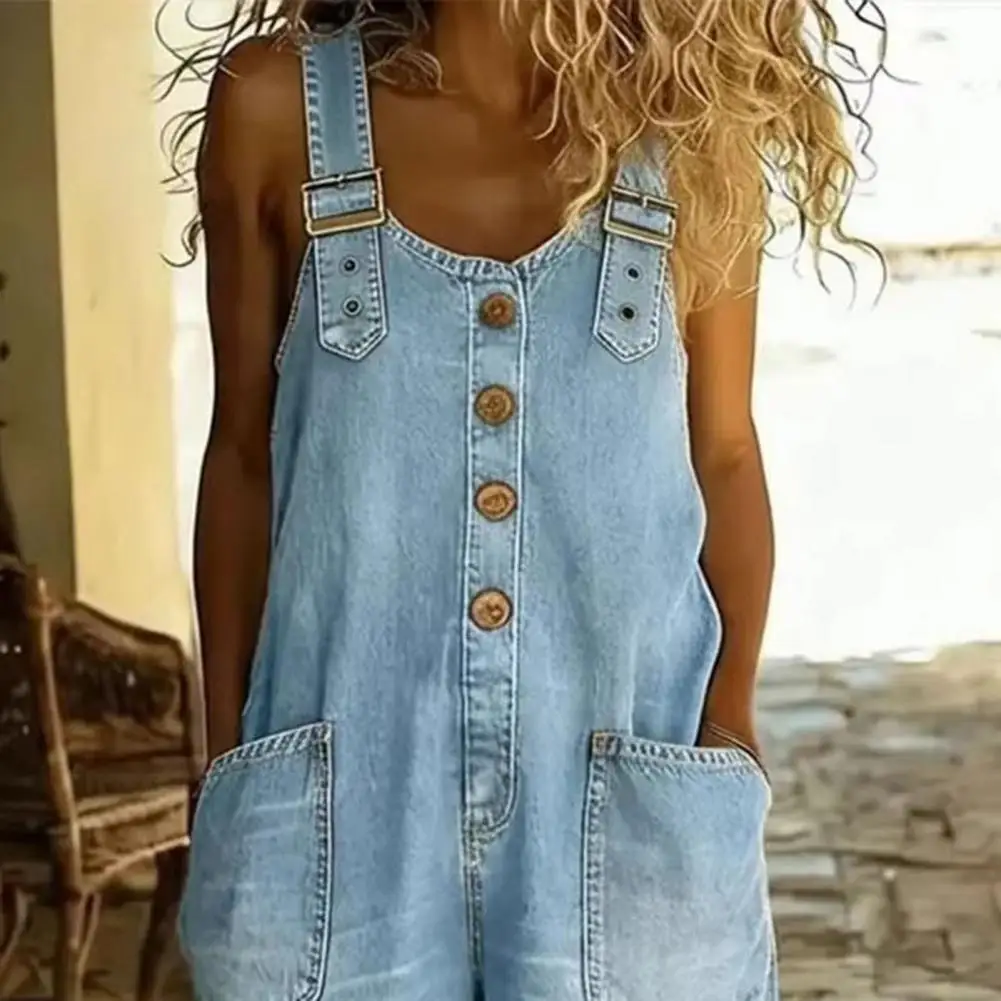 Pantalones cortos vaqueros de verano para mujer, con tirantes ajustables, estilo mono holgado de pierna ancha con botones frontales
