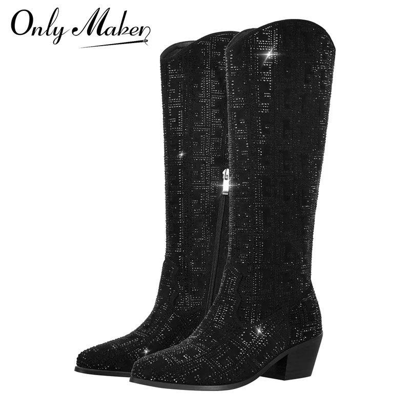 Onlymaker Women Black Knee High Boots Western Cowboy Boots Wide Calf Pointed Toe Block Heel Pull-On Cowgirl Handmade Boots