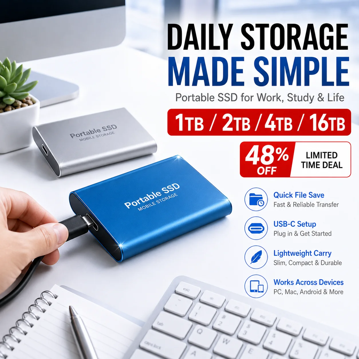 2TB Fast Portable Hard Drive External SSD Hard Disk USB Type-C High-Speed Storage for Laptop/Mac/PC