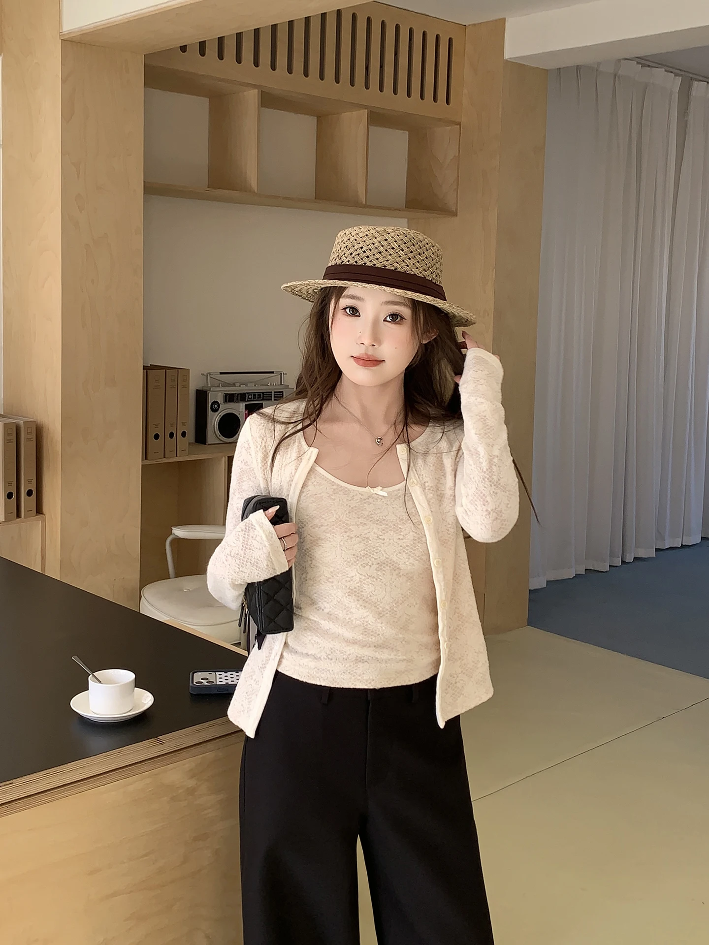 

YUYUAA Sweet Heavyweight Wool Lace Long Sve Open Cardigan Knot Strap Vest Layering Two-Piece Set Spring Faion