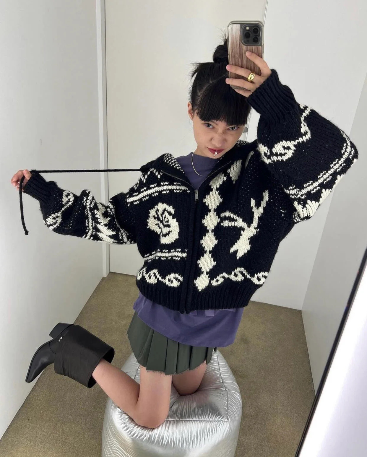 

Warm Knitted Zipper Sweater Deer Patterned Open Cardigan Coat Korean Sle Commute Loose Fit Long Sve V-Ne Autumn Winter