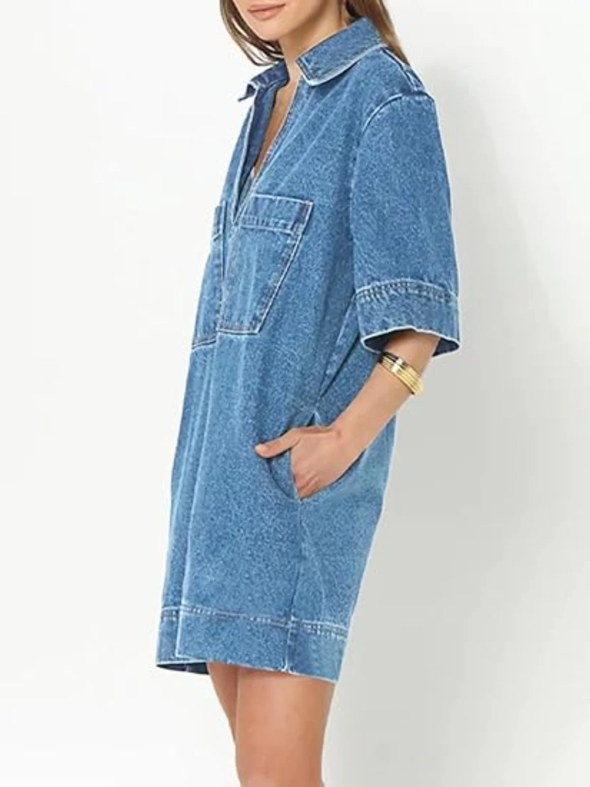 V Neck Pockets Straight Denim Mini Dress Short Sleeve Patchwork Jean Summer Dresses Vintage Casual Streetwear Women Clothing