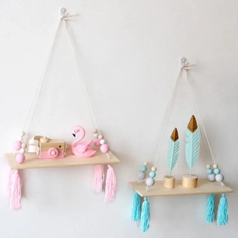 

DIY Nordic Style Children Room Decorative Wall Shelves Wood Wall Clapboard With Tassel Beads Storage Holder Kid Party Decor Gift