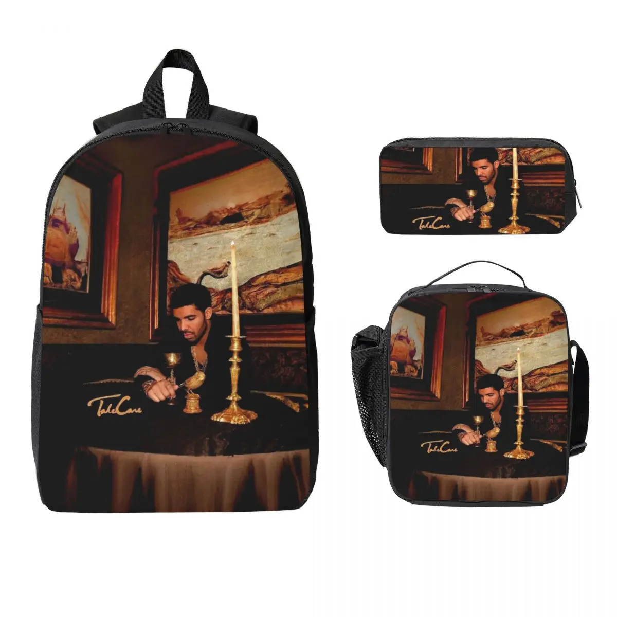 

Hip Hop Rapper Drake Take Care Album Backpack BookBag School Bag Computer Shoulder Bags 3ps Insulated Lunch Bag Pencil Case