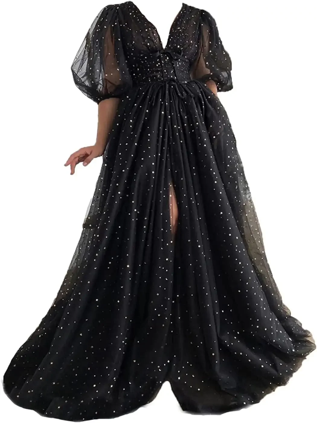 

New Lace Long Plus Size Formal Evening Gowns with Slit Luxury Dress Women's Sparkle Starry Tulle Puffy Sleeve Party Prom Dresses