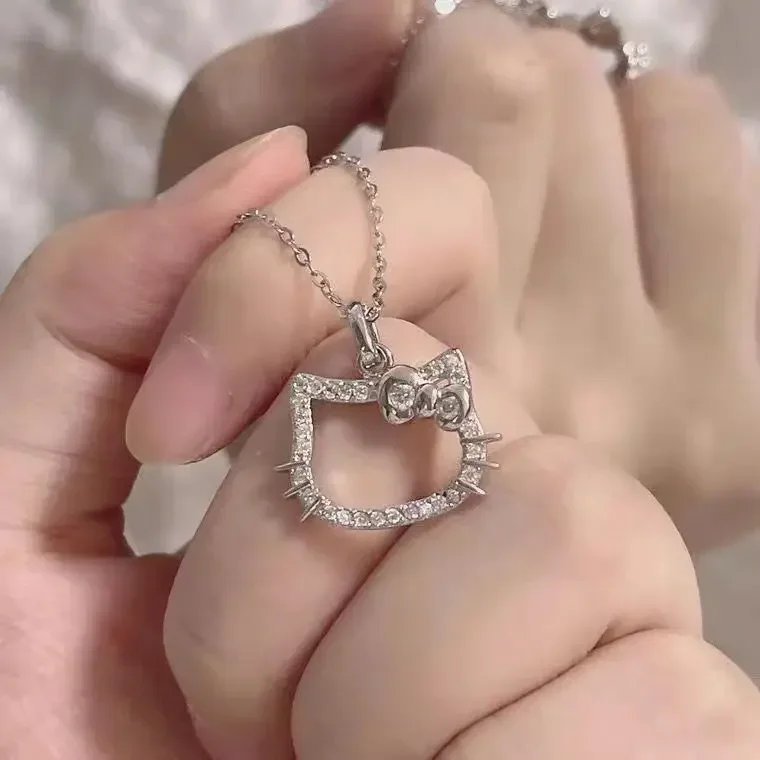 Kawaii hallo kitty sanrio anime kristall anhänger halsketten damen mädchen einfache weiße zirkon elegante halskette frauen schmuck geschenk