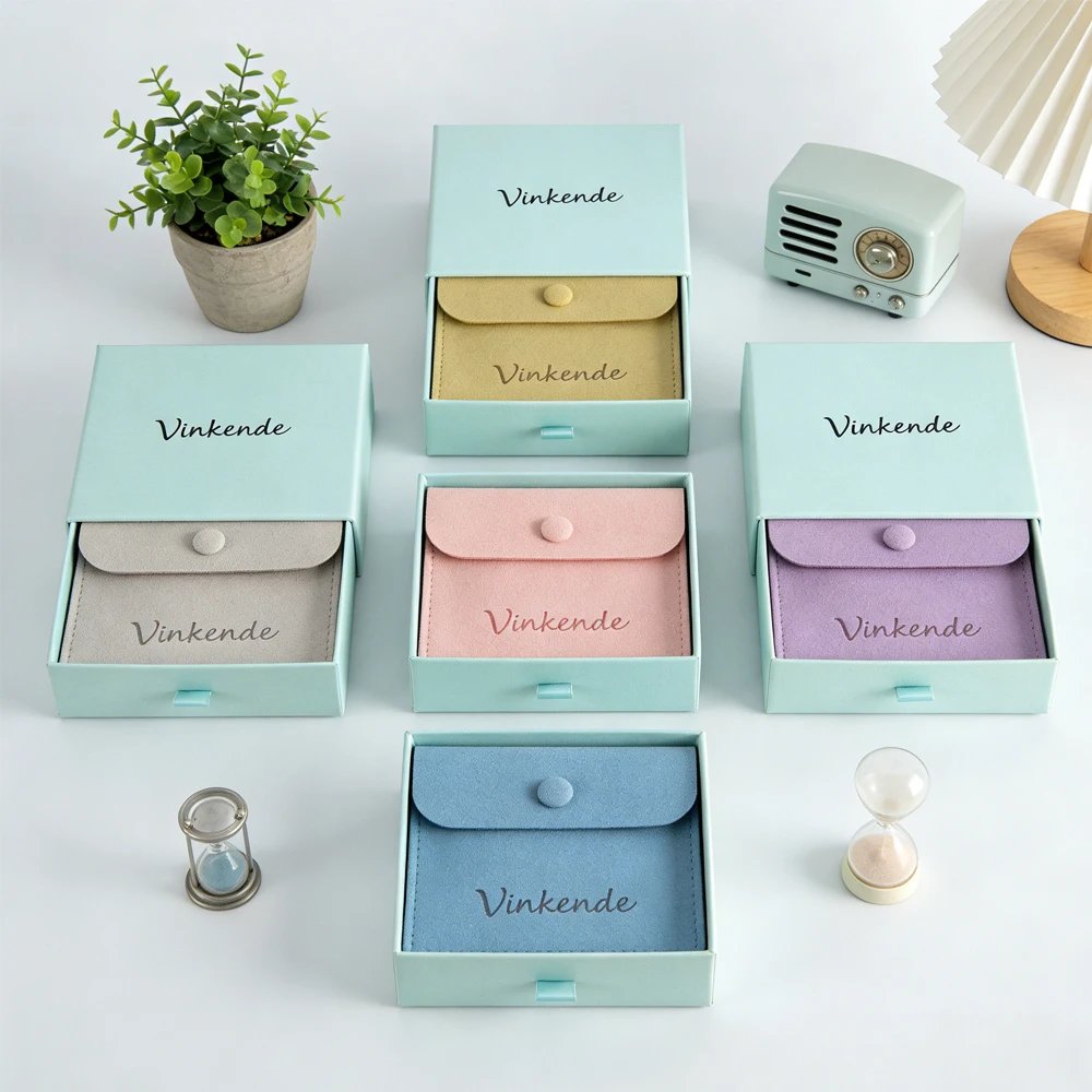 

100Pcs Custom Logo 8x8cm Jewelry Packaging Pouch with Button Earrings Bracelet Dust Bag Blue Paper Drawer Boxes Wedding Gift Box