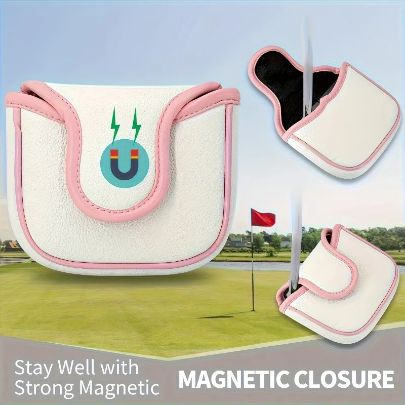 Capa de cabeça para taco de golfe com design de copo de pés altos, fecho magnético, combinação rosa branca elegante, material PU, capa de cabeça