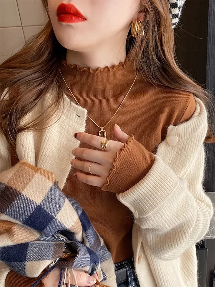 2025 Women Knitted Ribbed Pullover Autumn Winter Sweater Korea Long Sleeve Ruffles Turtleneck Slim Jumper Soft Warm Pull Femme