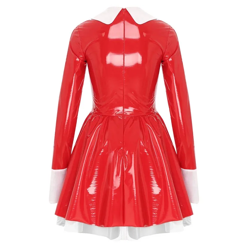 WU01 Womens Shiny PVC Leather French Maid Costume Long Sleeve Apron Maidservant Dress Halloween Cosplay Party Fancy Dress UJk5*！