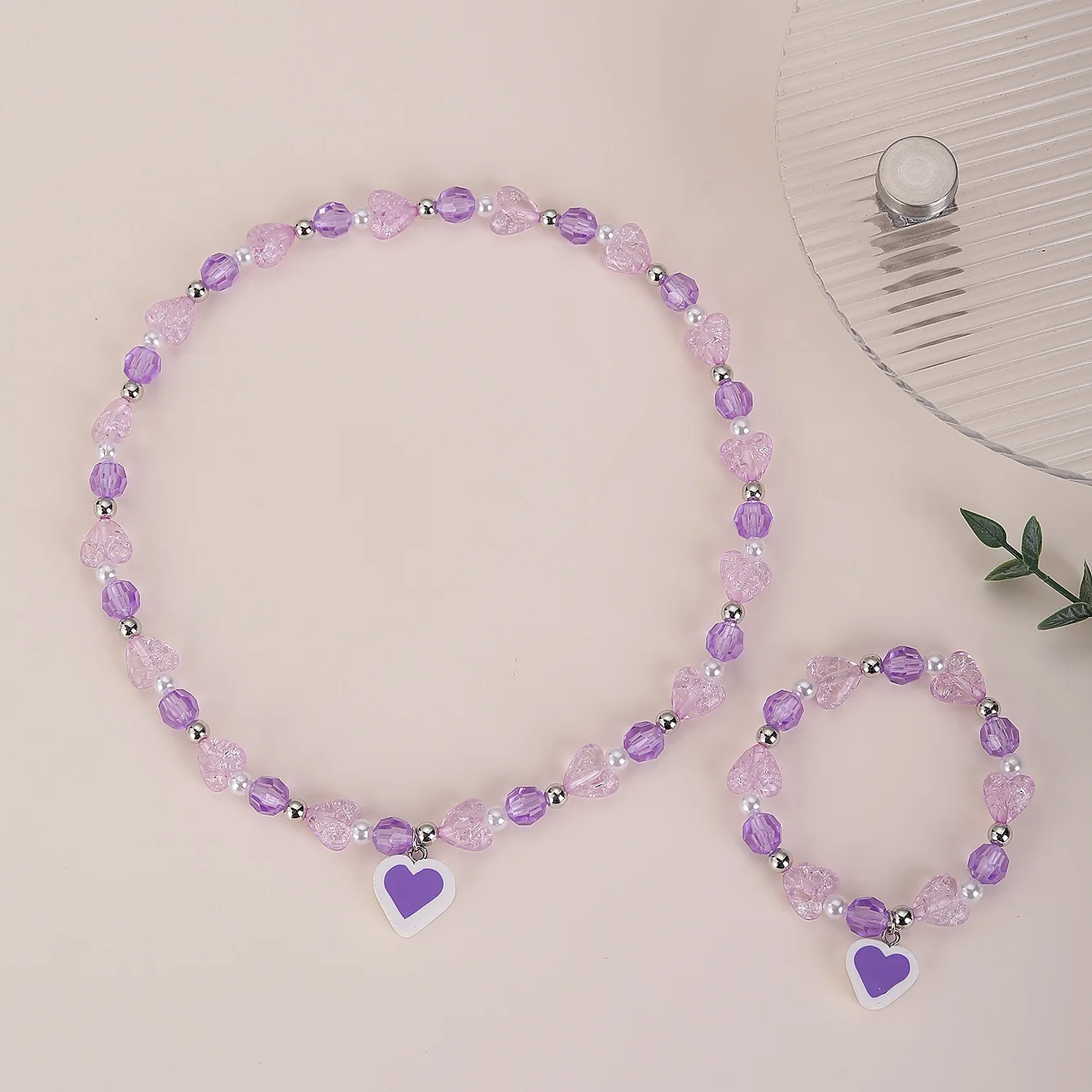 الأطفال الأرجواني كريستال على شكل قلب قلادة سوار دعوى لطيف مطاطا مطرز قطعتين مجموعة هدية صديق جيد