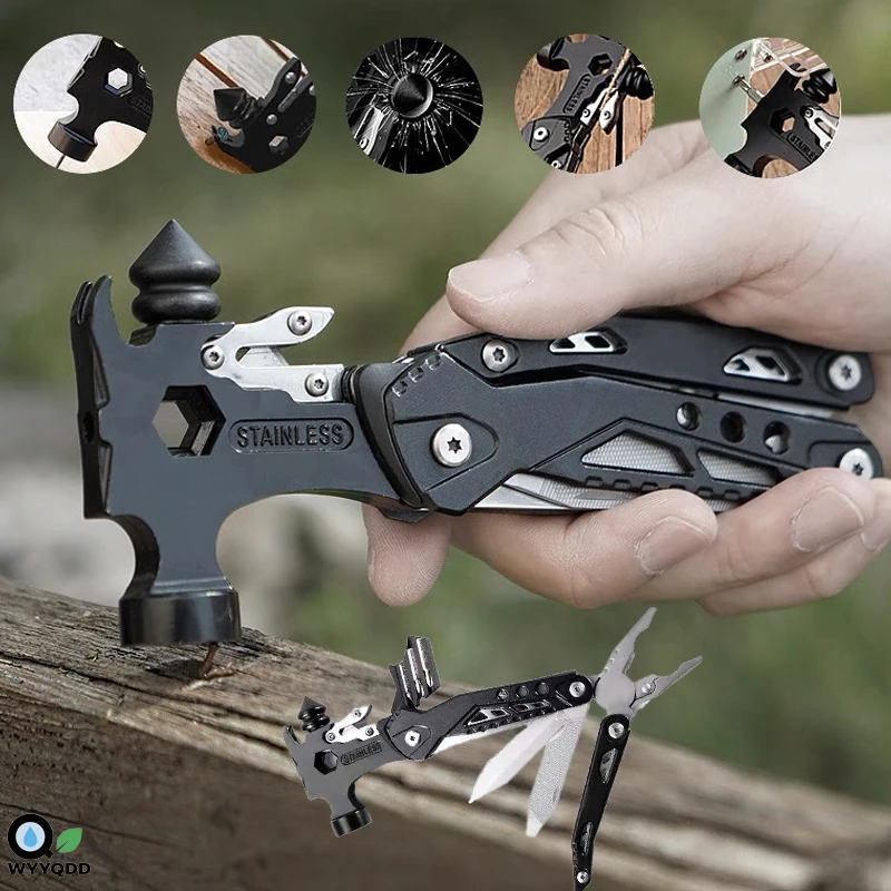 

Outdoor Multifunctional 16-in-1 Hammer Stainless Steel Folding Pliers Portable Camping Tools, Window Breaker Seatbelt Cutter