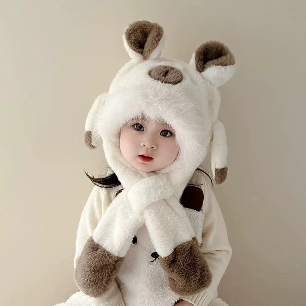 

Windproof Kids Ear Protection Hat Movable Ears Soft Plush Hat Scarf Set Integrated Thickened Capybara Hooded Scarf Cold Weather