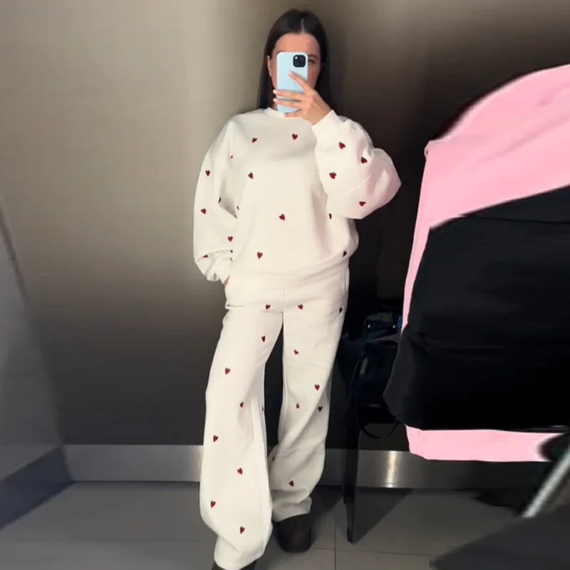 

Повседневный шикарный свободный топ и брюки, комплект в стиле ретро с милым сердечком и принтом, винтажный женский спортивный костюм, повседневный стильный женский осенний модный наряд