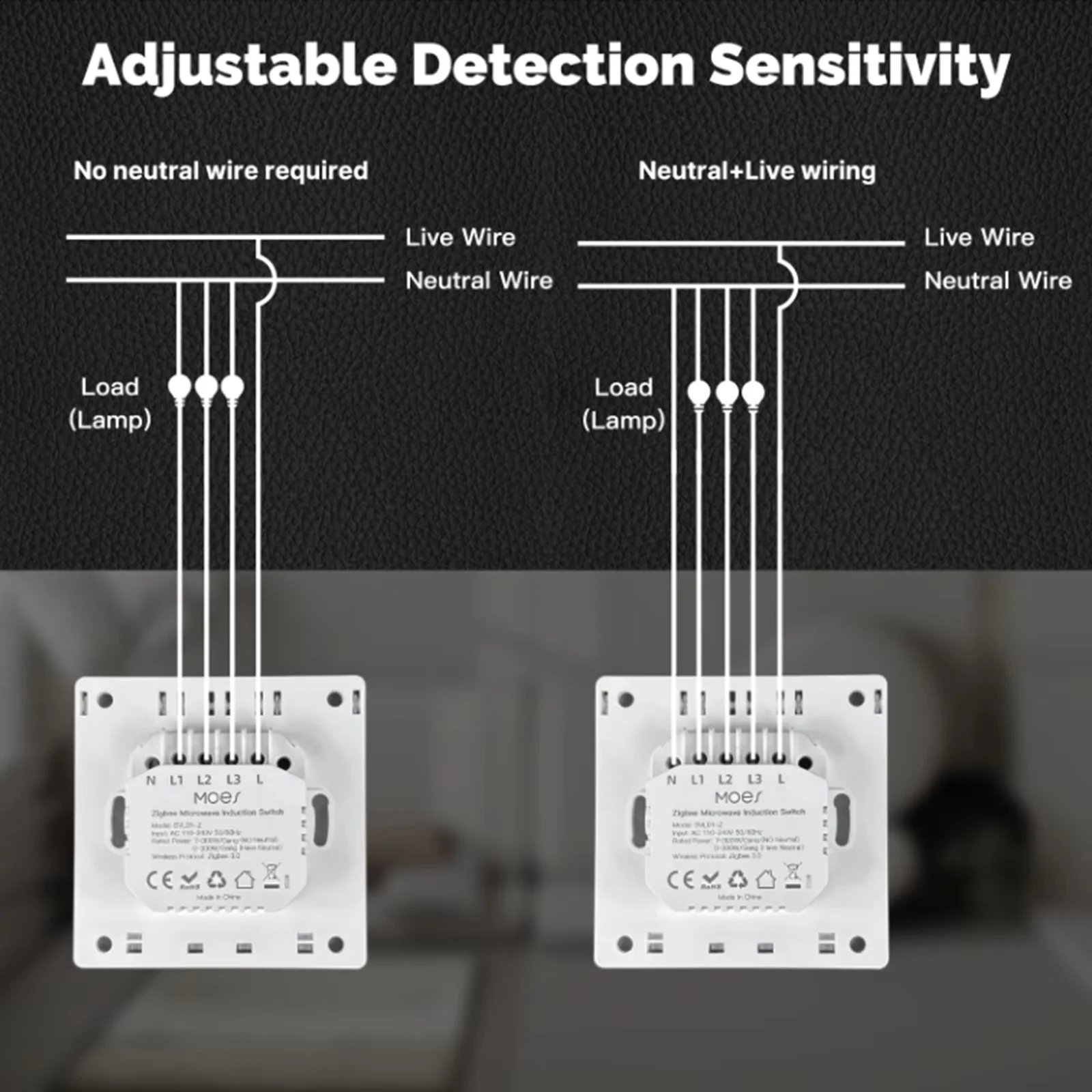 

Датчик присутствия человека ZigBee Smart Home MmWave Radar Sensor MOES Tuya для умного дома, настенный выключатель света, работает с Alexa Google Home, нейтральный провод опционально