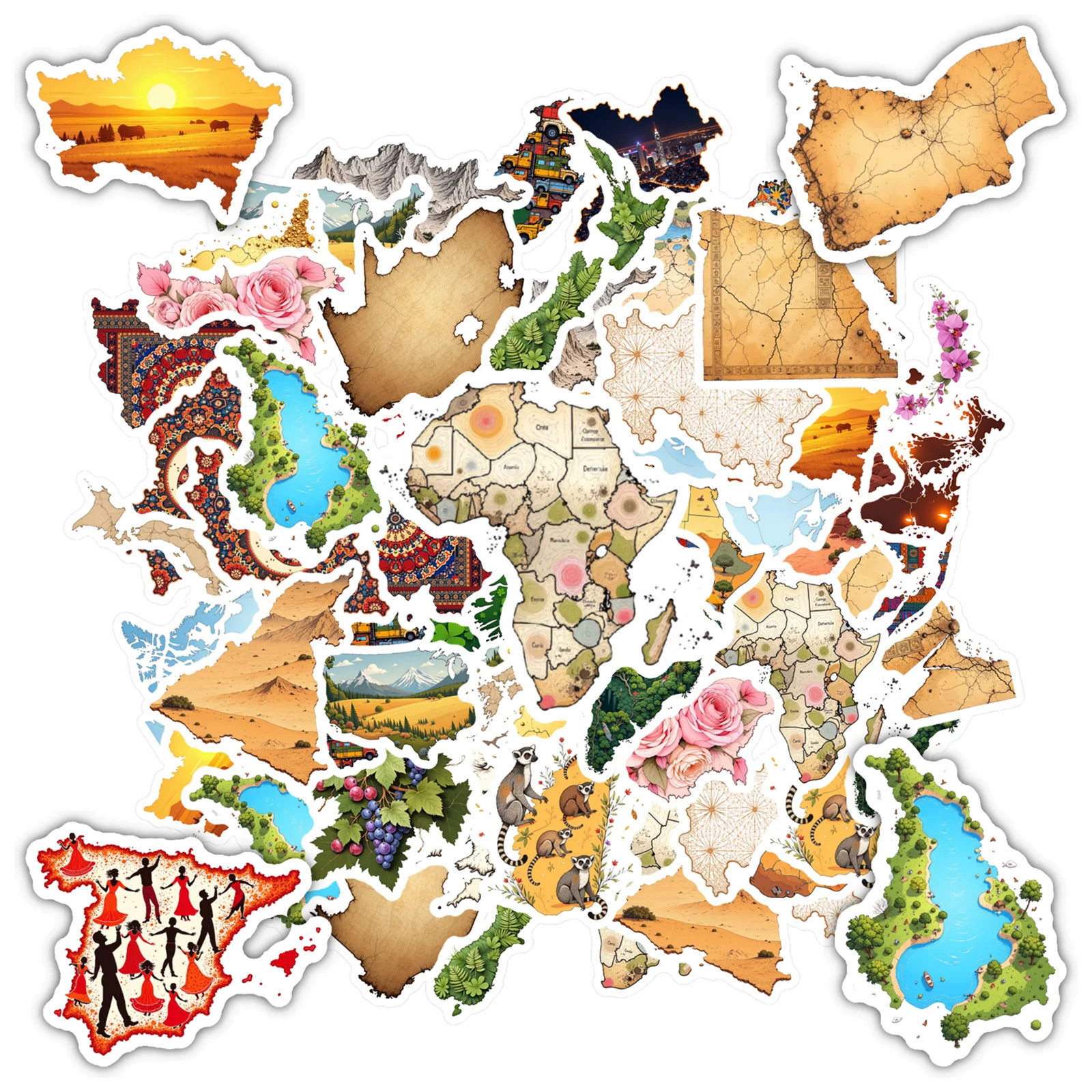 Autocollants de géographie détaillés, 35 à 100 pièces, cartes colorées, autocollants de pays, autocollants d'aventure pour ordinateur portable, bagages, Scrapbook, bricolage