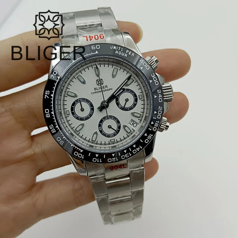 BLIGER 39MM VK63 Japan Quartz Chronograph Men\'s Watch White Dial Luminous Sapphire Glass Waterproof Multifunctional Steel Strap