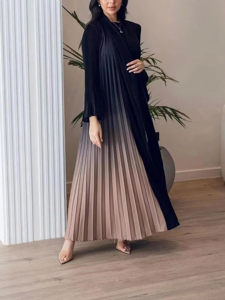 Pleated Gradient Muslim Abaya Women Abayas Saudi Arab Flare Sleeve Cardigan Dress Caftan Maxi Vestidos Morocco Kaftan Long Robe