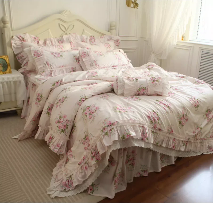 Bedding Set Cotton Romantic Linens Ruffle Lace Bedding Set Rose Print Duvet Cover Set Princess Cotton Queen Bedding