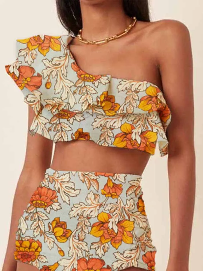 Fashion Women Yellow Flower Print One Shoulder Separate Bikini Swimsuit Ruffle Design High Waist Fit