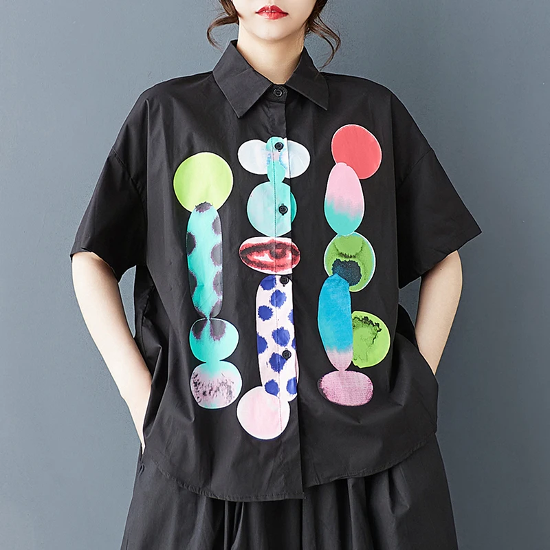 قميص نسائي جديد للصيف بتصميم كاجوال فضفاض بأكمام قصيرة وطباعة بسيطة من مزيج القطن والبوليستر