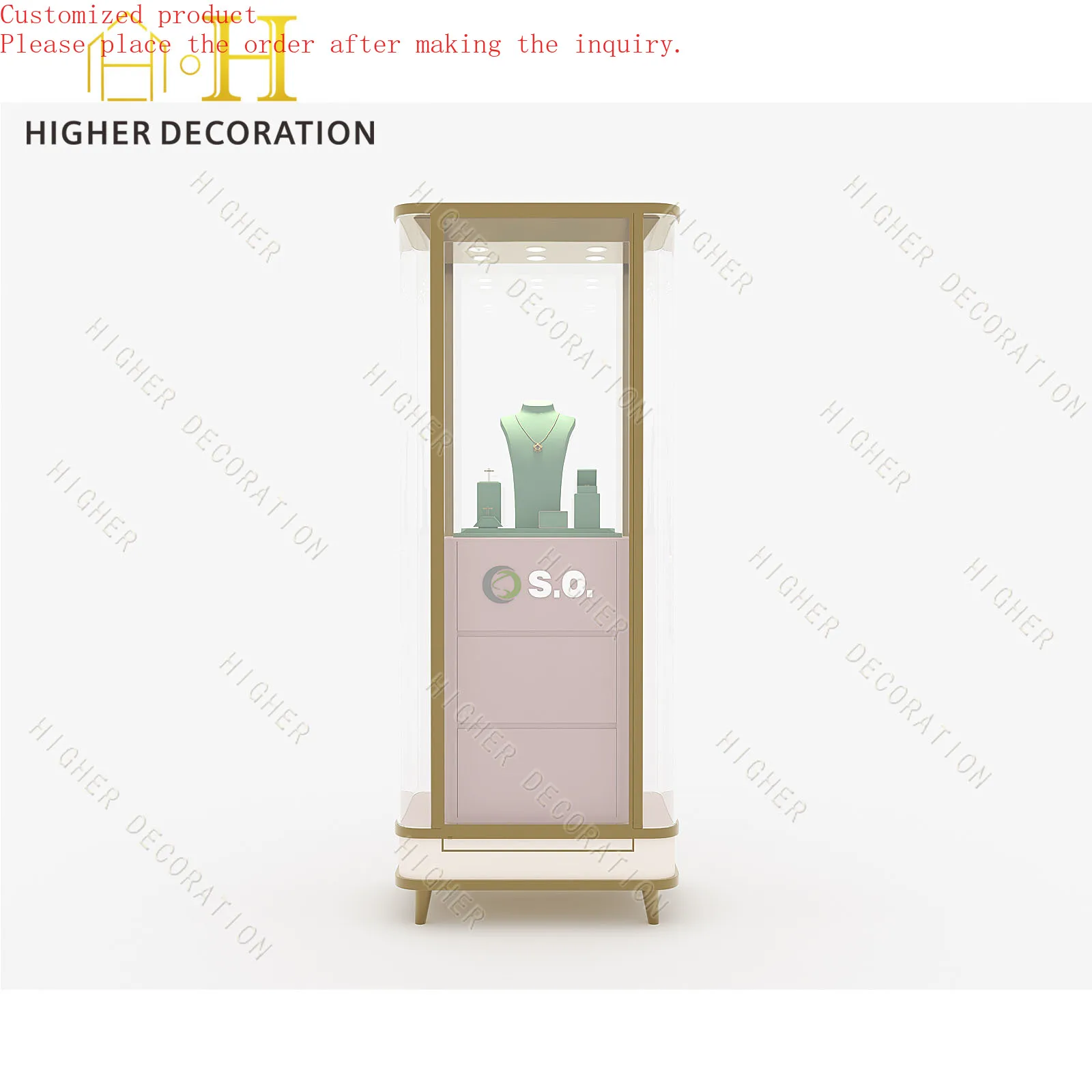 

Custom.Tempered Glass Jewelry Display Cabinet Golden Stainless Steel Jewelry Store Furniture Boutique Jewelry showcase