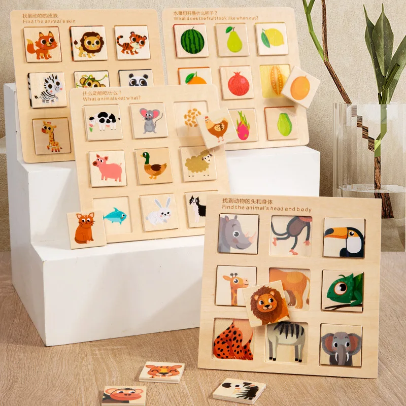 

Wooden Logical Thinking Matching Puzzle Cognitive Board Montessori Teaching Aid Fruit Animal Pairing Board Educational toys