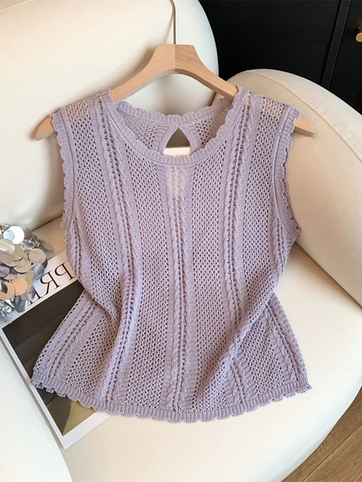 

Легкий жилет из ледяного шелка, фиолетовый таро, круглый тонкий вязаный топ Ne Svel для женщин, элитная летняя мода