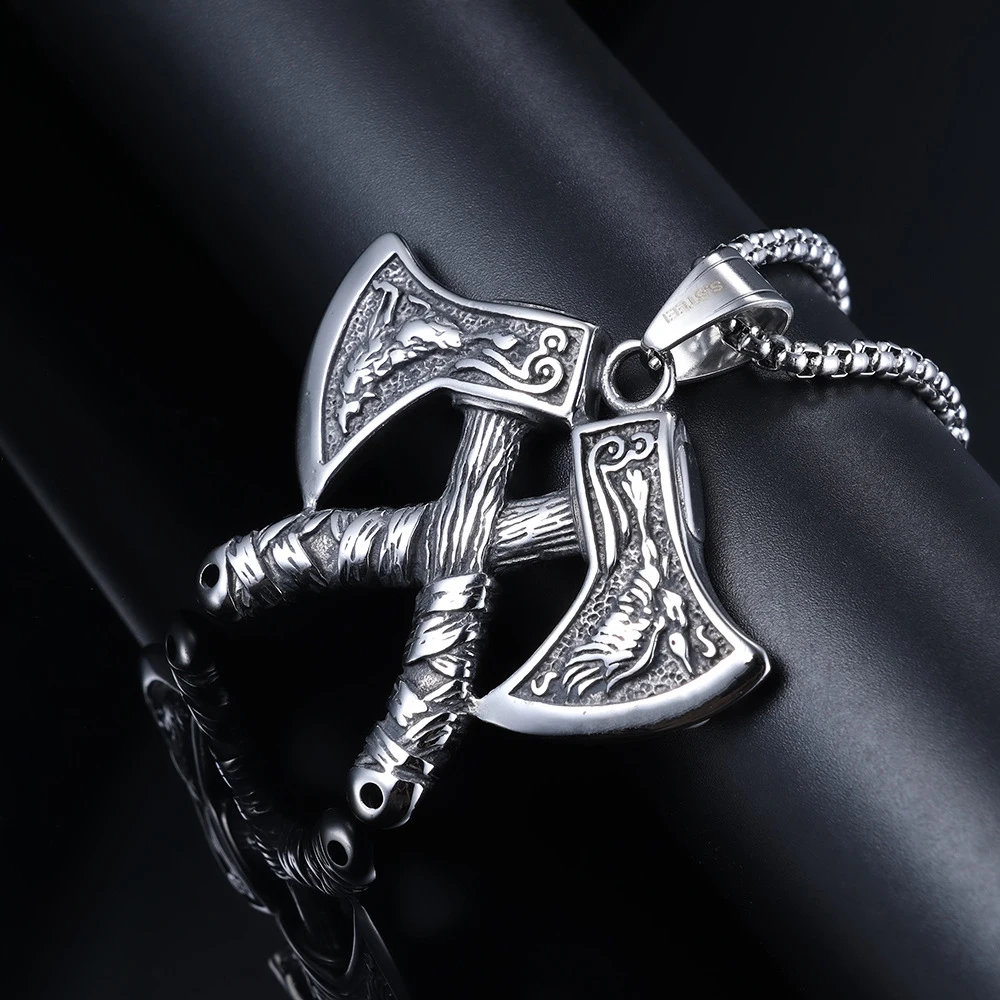 Vintage Viking Ax Pendant Necklace Men Fashion Biker Norwegian Viking Stainless Steel Amulet Necklace Charm Jewelry Wholesale