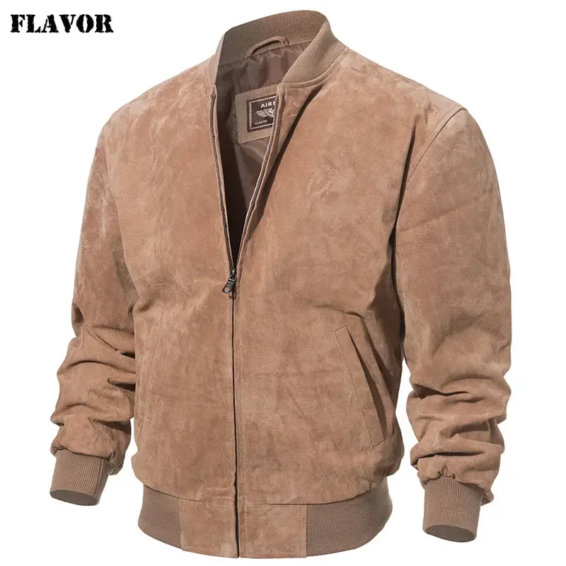 FLAVOR Men Classic Real Pigskin Coat Genuine Baseball Bomber Leather Jacket