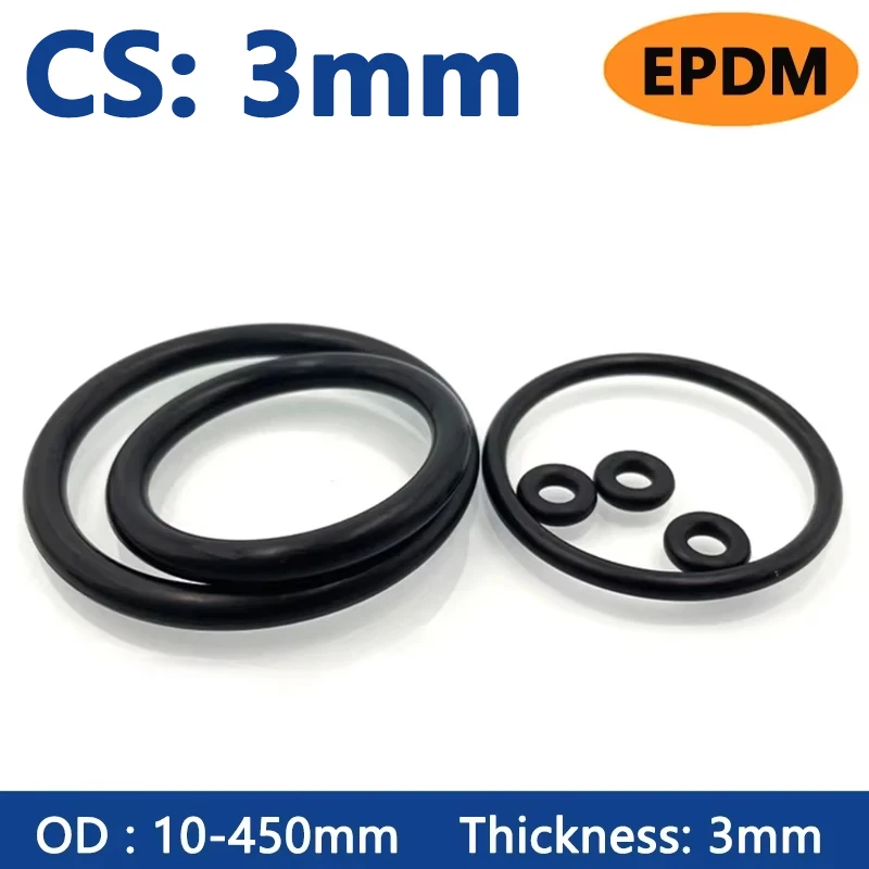 

Thickness CS 3mm EPDM Rubber O Ring OD 10-450mm ID 4-444mm Acid Alkali Water and Friction Resistance O-Ring Seal Gasket