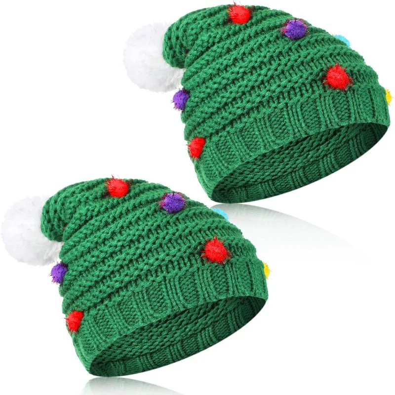 

2/4/6pcs Christmas Tree Hats Winter Knitted Crochet Beanie Santa Hat Adult Warm Handmade Funny elf Xmas Tree Beanie Pompom
