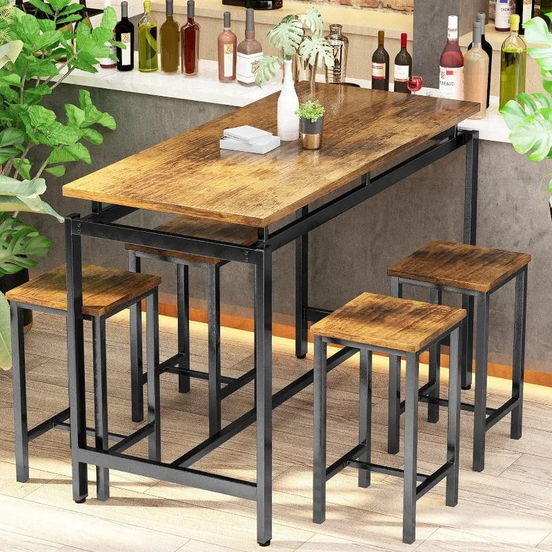Table Set for 4 Bar Kitchen Table and Chairs for 4,Counter Height Dinner Table with 4 PU Leather Upholstered Backrest Stool
