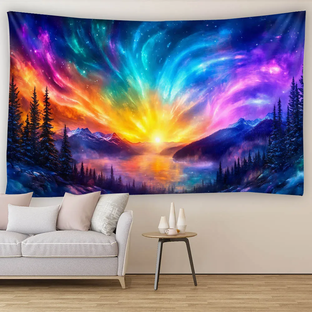 

Bedroom Aesthetics Fantasy Galaxy Starry Sky Tapestry Forest Snow Scene Oil Painting Bedhead Background Decorative Cloth