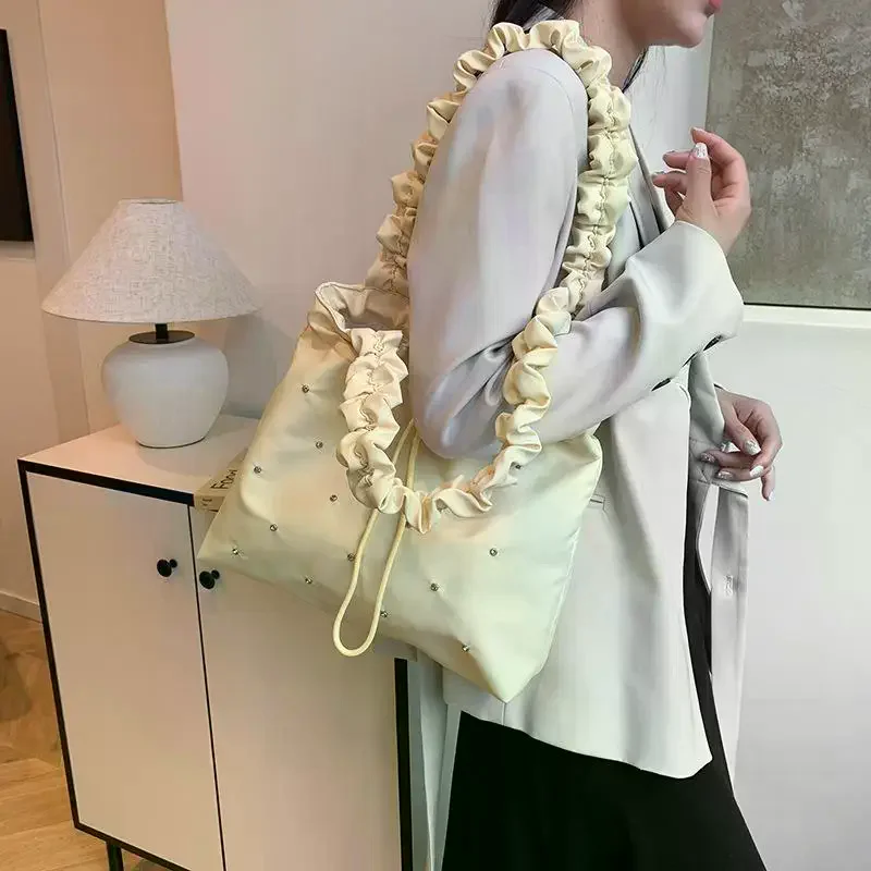 

Pleated Korean Handbag with Drawstring, Sweet Style, Large Capacity Tote for Women.
