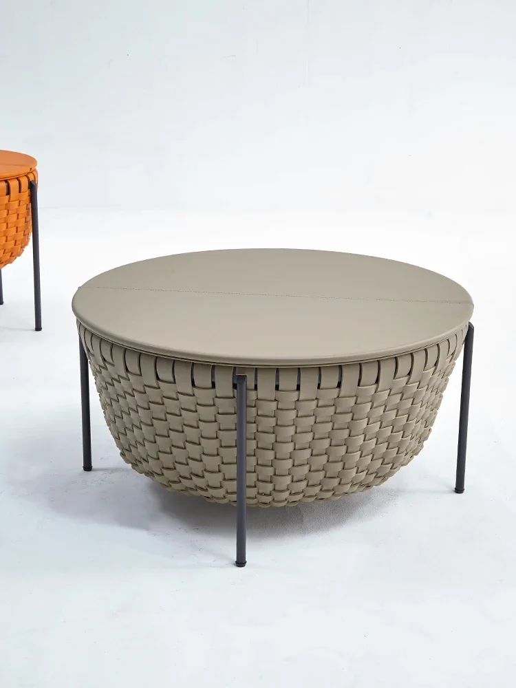 Round coffee table saddle leather hand-woven combination large-capacity storage storage model