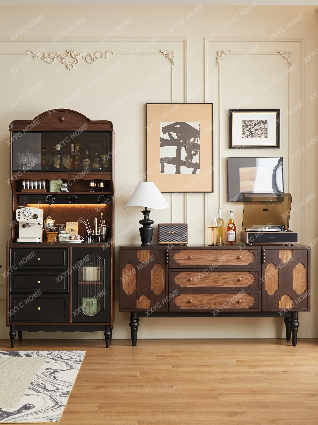 

WWFrench Retro Solid Wood Dining Side Wine Cabinet Integrated Bar Counter American Small Apartment Medium And Antique Furniture