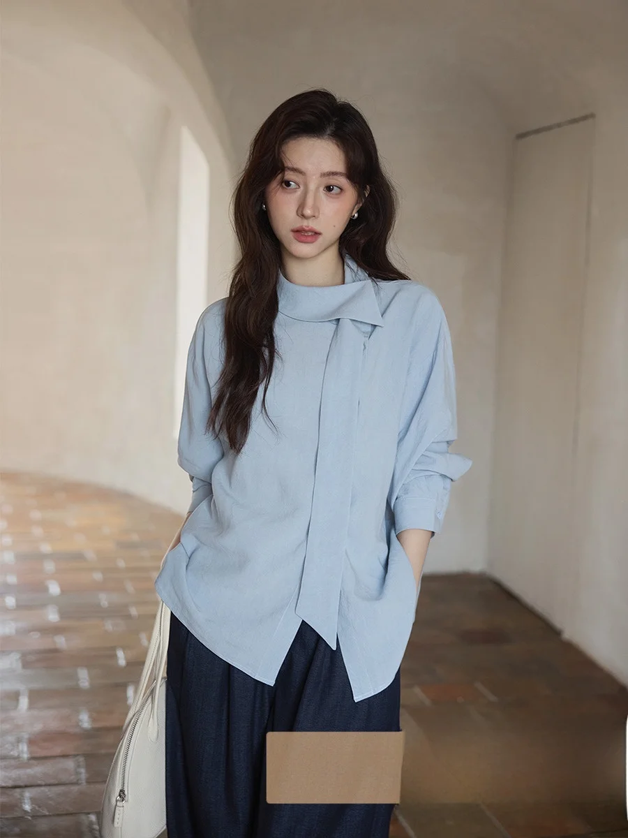 

Ele Blue Long Sve irt Women's Faion Design Unique Small ence Commute Sle Loose Fit Color Blo Casual irt